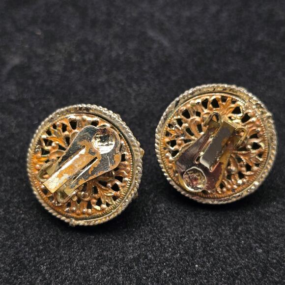 Vintage Peking Glass Clip On Earrings Gold Tone Round Circle - Picture 3 of 7